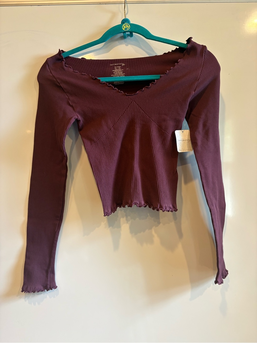 Plum Ribbed V-Panel Lettuce-Edge Long Sleeve Top